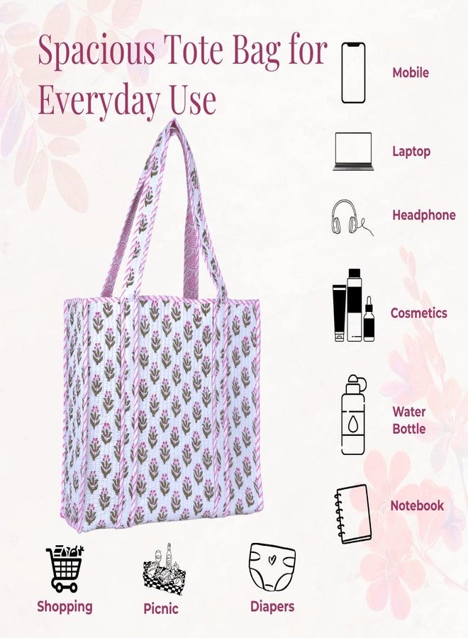 Vivanta Tote Bag for Women, Grocery Shopping Bags, Large Quilted Cotton Tote, Beach Bag, Work Tote Bags for Women, Floral Travel Tote, Stylish Shoulder Purse, Oversized Quilted Tote Bag - Image 5