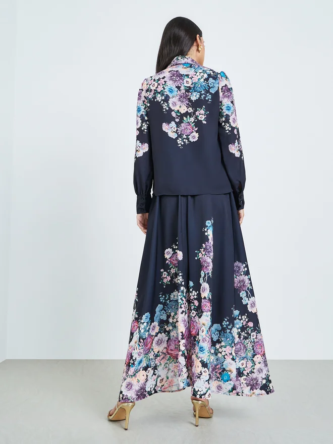 Styli  Styli Navy Blue Floral Print Shirt and Maxi Skirt Co-ords for Women | Best Price UAE