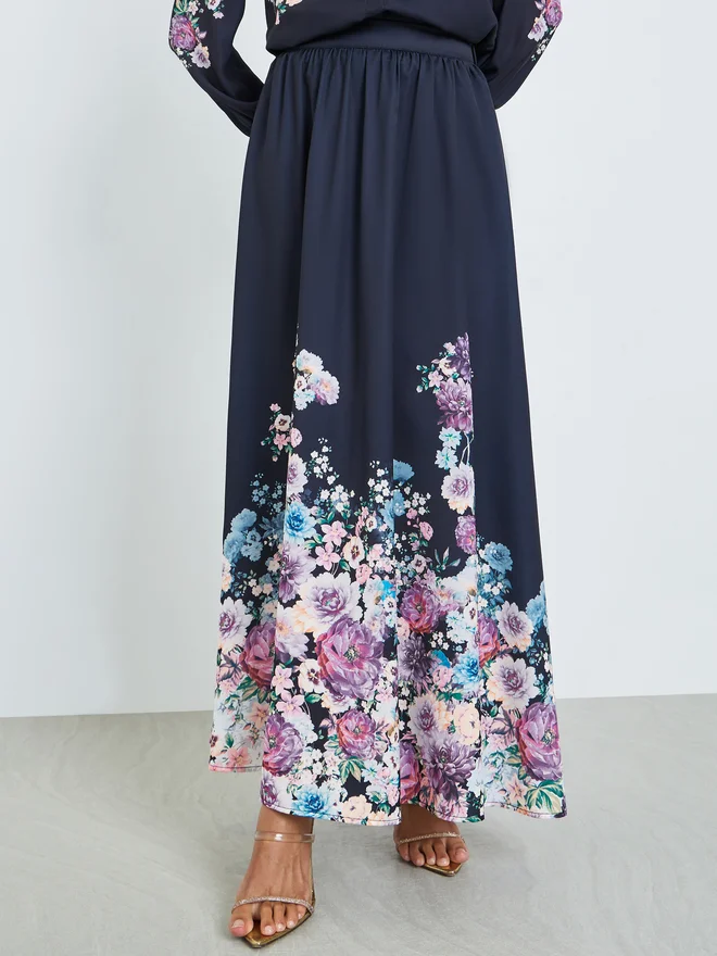 Styli  Styli Navy Blue Floral Print Shirt and Maxi Skirt Co-ords for Women | Best Price UAE
