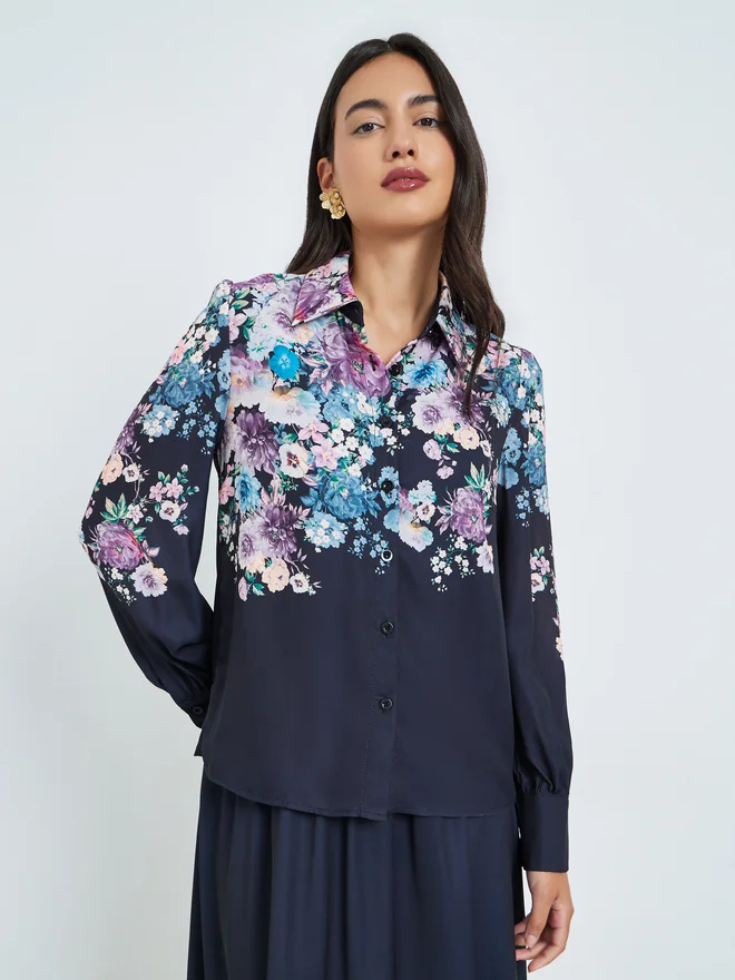 ستايلي Styli Navy Blue Floral Print Shirt and Maxi Skirt Co-ords