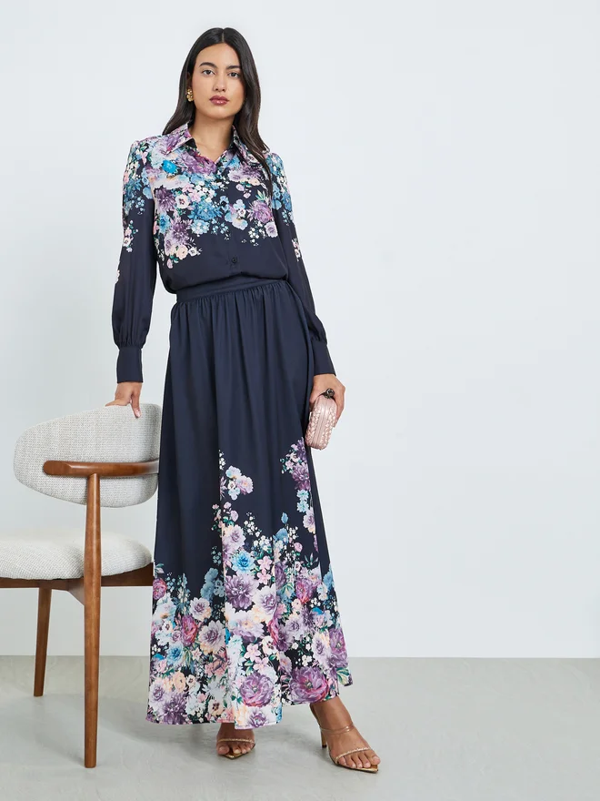 Styli Navy Blue Floral Print Shirt and Maxi Skirt Co-ords