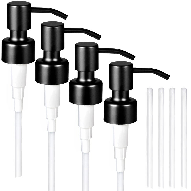 Komashr 4PC Soap Dispenser Lids  304 Stainless Steel Replacement Pump with Waterproof Label Stickers 8 Pack Tubes Fit 28400 Thread Neck Bottlesfor Dish Soap Lotions ConditionerShampoo Black