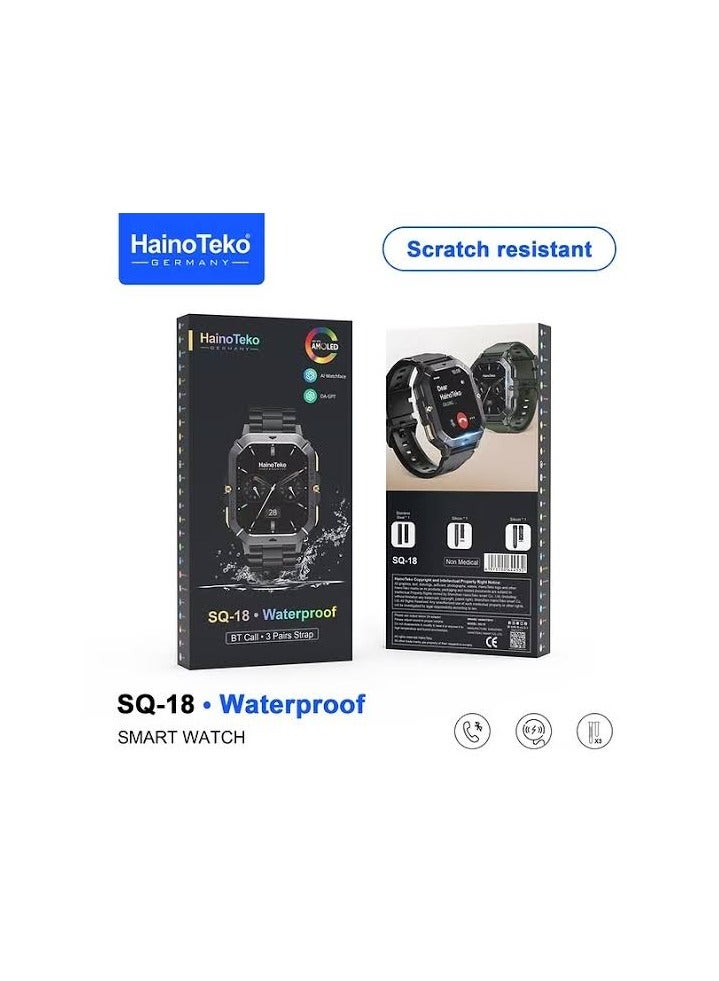 هينو تيكو ساعة Haino Teko SQ-18 الذكية: رفيقك المثالي المقاوم للماء والأنيق! تفاصيل الموديل Haino Teko SQ-18: شاشة AMOLED فائقة الوضوح: تتميز بشاشة AMOLED بمقاس 2.02 بوصة مع خاصية Always On Display، مما يوفر تجربة بصرية ممتازة وواضحة.  تصميم فاخر ومتين: هيكل الساعة مصنوع من التيتانيوم، وتأتي مع 3 أحزمة قابلة للتبديل (معدن، جلد، سيليكون) لتناسب جميع الأذواق والمناسبات. - Image 3