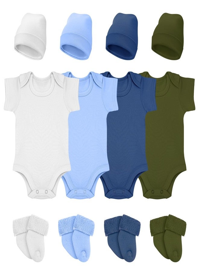 Glitopper 4 Pack Preemie Layette Set Premature Baby Bodysuit Preemie Clothes Hat Bodysuit Socks Set for NICU Newborns (White, Light Blue, Dark Blue, Military Green) - Image 1