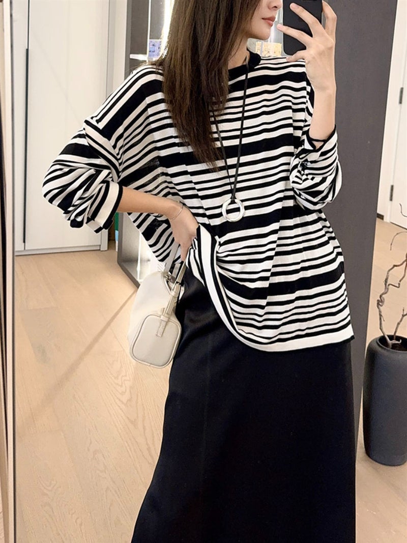Mei Yang'S Same Lime Soda Long Sleeve T Tencel Blend | Contrast Stripe Lazy Casual Loose T-Shirt - Image 4