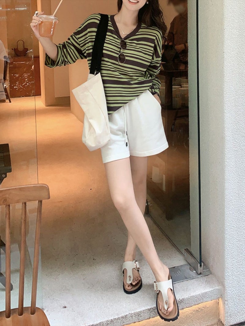 Mei Yang'S Same Lime Soda Long Sleeve T Tencel Blend | Contrast Stripe Lazy Casual Loose T-Shirt - Image 3