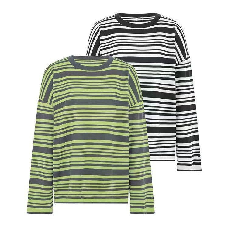 Mei Yang'S Same Lime Soda Long Sleeve T Tencel Blend | Contrast Stripe Lazy Casual Loose T-Shirt - Image 1