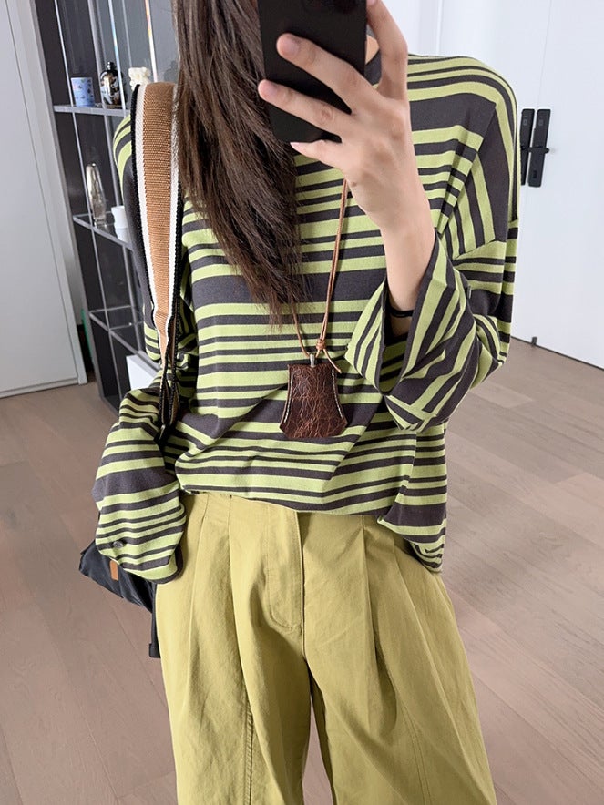 Mei Yang'S Same Lime Soda Long Sleeve T Tencel Blend | Contrast Stripe Lazy Casual Loose T-Shirt - Image 2