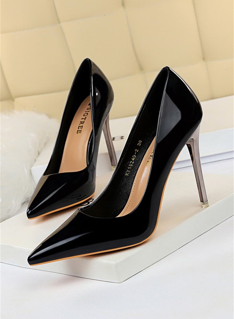 BIGTREE 10.5cm Metal Heels High Heels Bright Patent Leather Shallow Cut Pointed Slim Heels Black - Image 1
