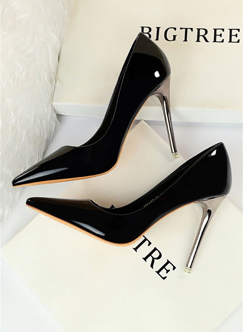 BIGTREE 10.5cm Metal Heels High Heels Bright Patent Leather Shallow Cut Pointed Slim Heels Black - Image 2