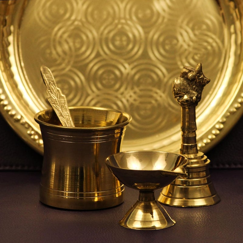 Spillbox Traditional Handcrafted Brass Puja Pooja Thali Set Arati Bartan Thambulam Plate Set for Several Occasions Ring Plate 7 inch Puja SetDiya Bell Panchamurt Spoon - Image 2