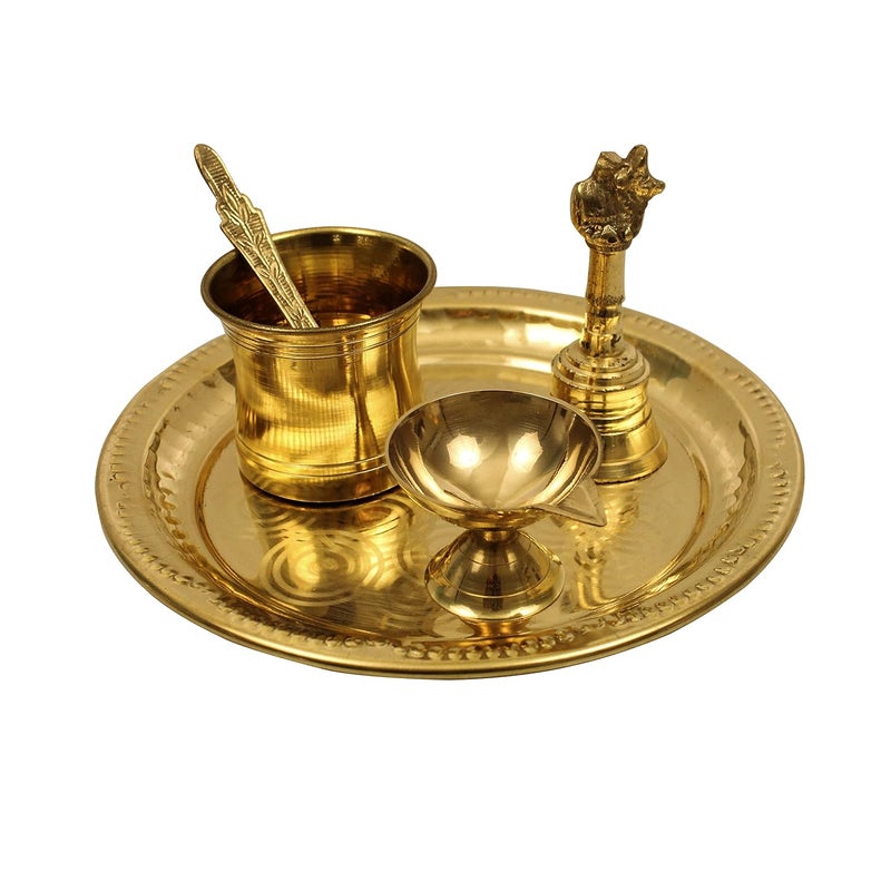 Spillbox Traditional Handcrafted Brass Puja Pooja Thali Set Arati Bartan Thambulam Plate Set for Several Occasions Ring Plate 7 inch Puja SetDiya Bell Panchamurt Spoon - Image 1