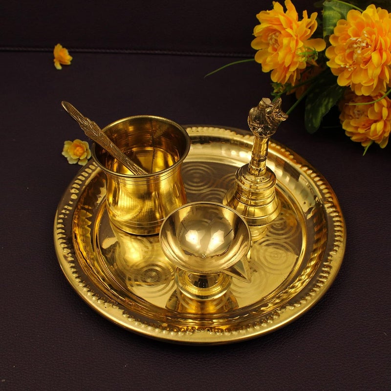 Spillbox Traditional Handcrafted Brass Puja Pooja Thali Set Arati Bartan Thambulam Plate Set for Several Occasions Ring Plate 7 inch Puja SetDiya Bell Panchamurt Spoon - Image 3