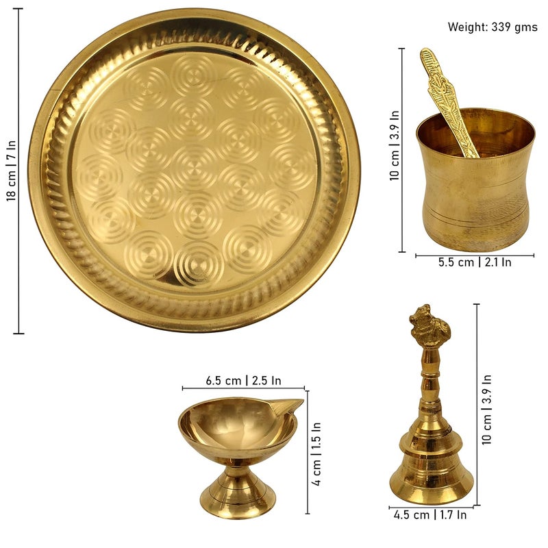 Spillbox Traditional Handcrafted Brass Puja Pooja Thali Set Arati Bartan Thambulam Plate Set for Several Occasions Ring Plate 7 inch Puja SetDiya Bell Panchamurt Spoon - Image 4
