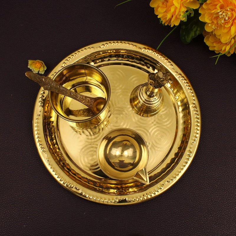 Spillbox Traditional Handcrafted Brass Puja Pooja Thali Set Arati Bartan Thambulam Plate Set for Several Occasions Ring Plate 7 inch Puja SetDiya Bell Panchamurt Spoon - Image 5