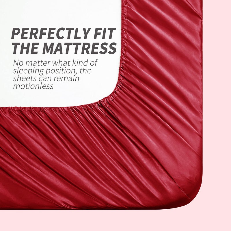 Cobedzy 4 Pieces Red Satin Sheets Full Size Bed Set, Luxury Silky Satin Bedding Sheets Set with 1 Deep Pocket Fitted Sheet, 1 Soft Flat Sheet, 2 Pillowcases - Image 5