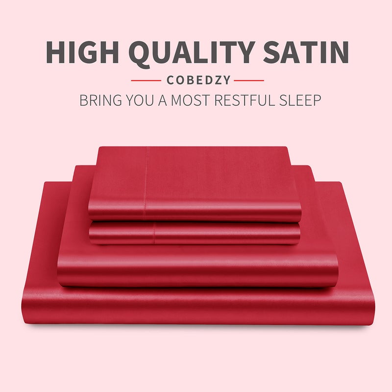 Cobedzy 4 Pieces Red Satin Sheets Full Size Bed Set, Luxury Silky Satin Bedding Sheets Set with 1 Deep Pocket Fitted Sheet, 1 Soft Flat Sheet, 2 Pillowcases - Image 2