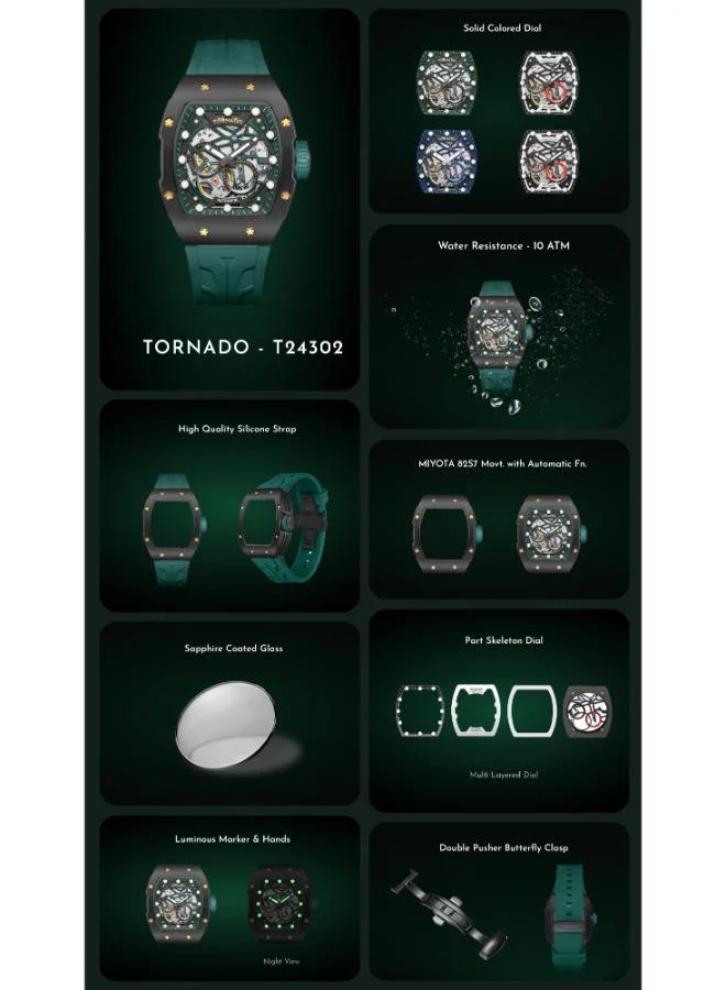 TORNADO Men's Silicone Automatic Watch T24302-SSBB - 38.5mmx49mm mm