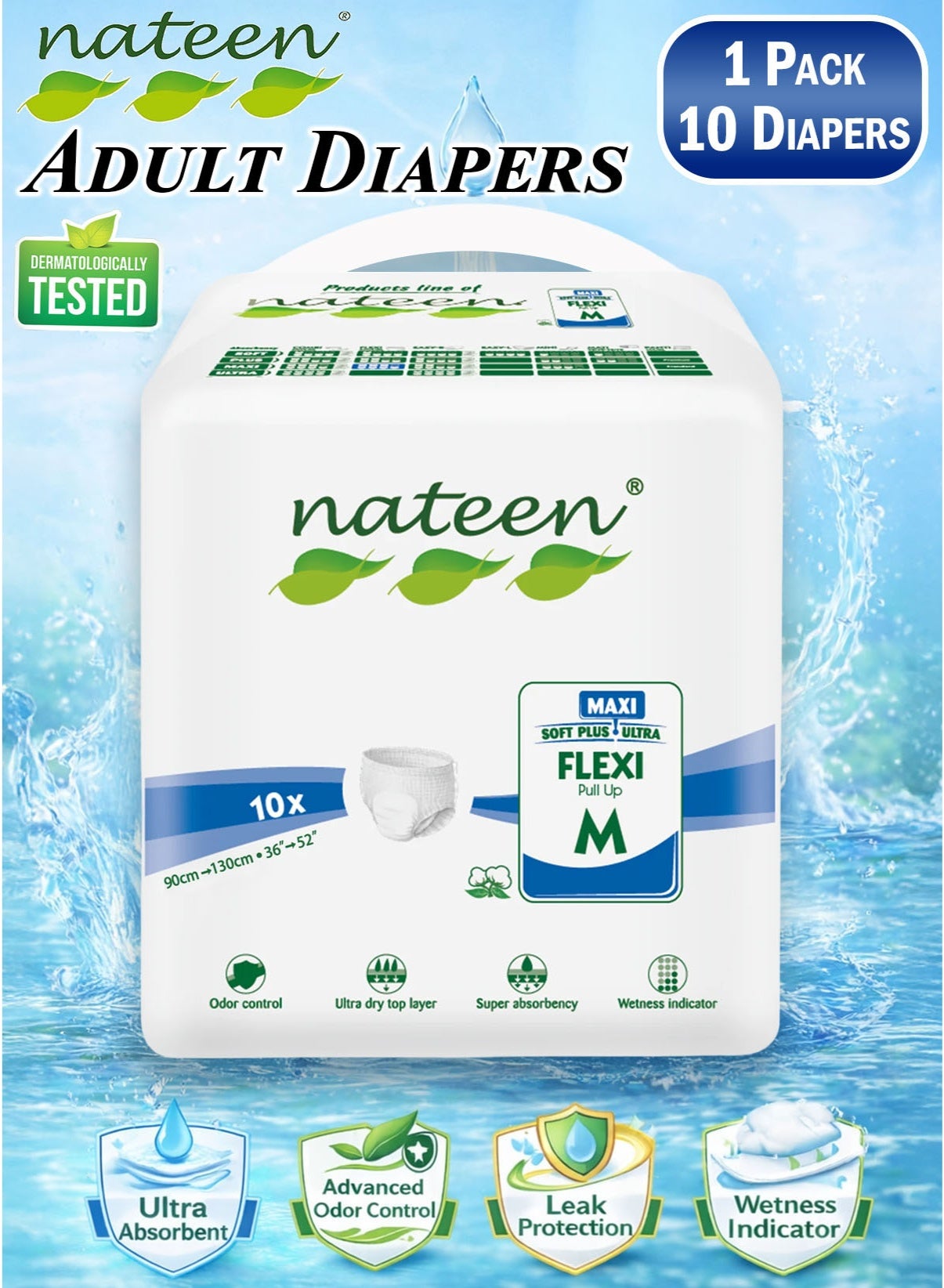 nateen 10 Count Pack of 1 Nateen Flexi Maxi Adult Diapers Pants Night Time Pull Up Medium Size Waist 90-130cm Disposable Incontinence Underwear for Men & Women, Ultra Absorbent 3050ml Overnight Adult