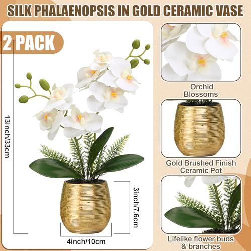 Juinte 2 Pcs Orchids Artificial Flowers in Gold Ceramic Vase 13'' White Fake Flowers Phalaenopsis Faux Orchid for Home Office Wedding Party Dining Room Table Centerpiece Decoration - Image 2