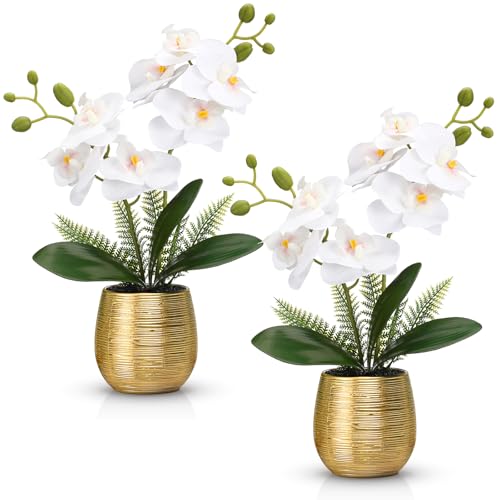 Juinte 2 Pcs Orchids Artificial Flowers in Gold Ceramic Vase 13'' White Fake Flowers Phalaenopsis Faux Orchid for Home Office Wedding Party Dining Room Table Centerpiece Decoration - Image 1