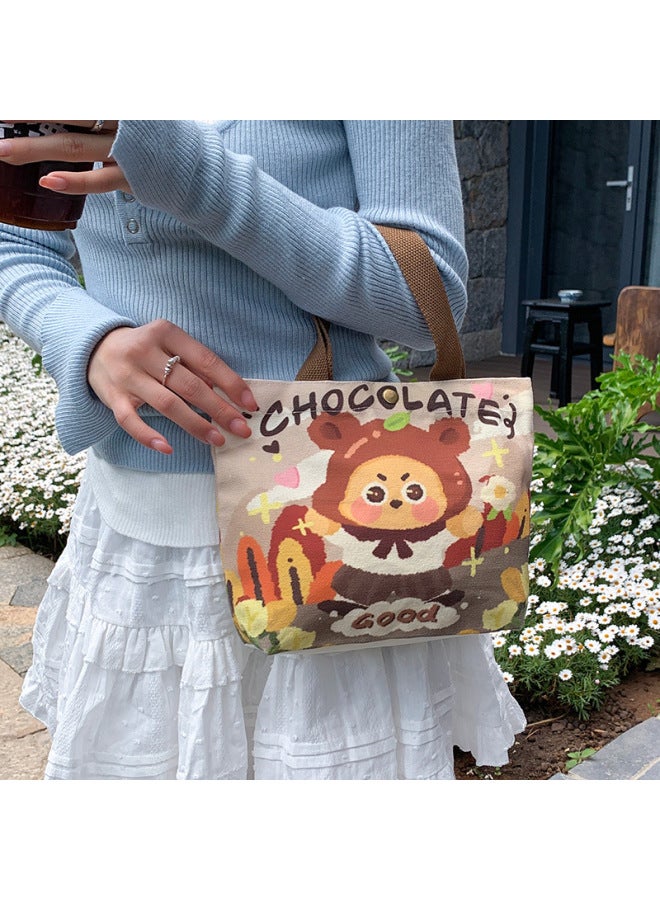 Canvas Bag Women's 2024 Hand Bag College Students Work Lunch Box Bag Mini Handbag A Generation Of Hair-Color:Chocolate Bear - Image 1
