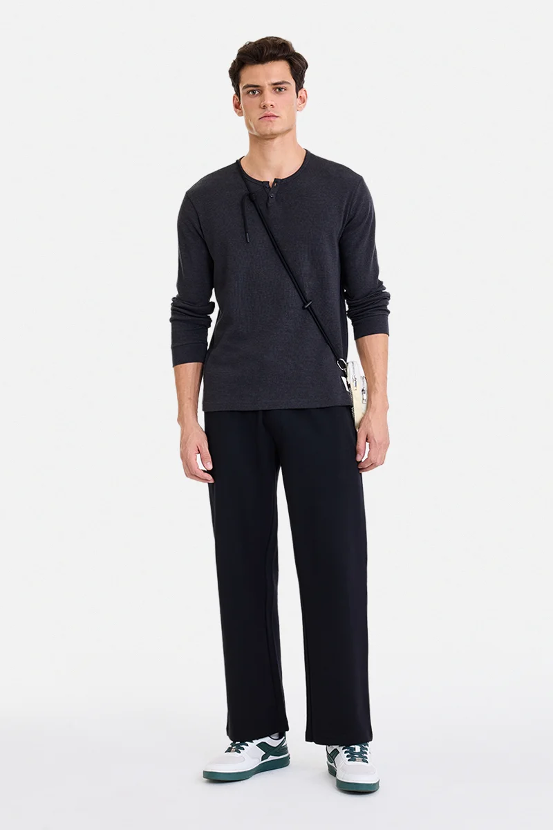 SNITCH Black Textured Loose Fit Casual Trousers