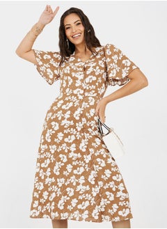Floral Print A-Line Shirt Midi Dress