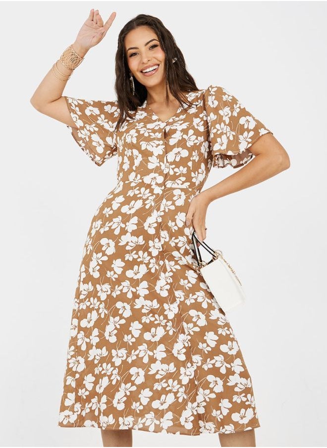 Styli - Floral Print A-Line Shirt Midi Dress - Image 1