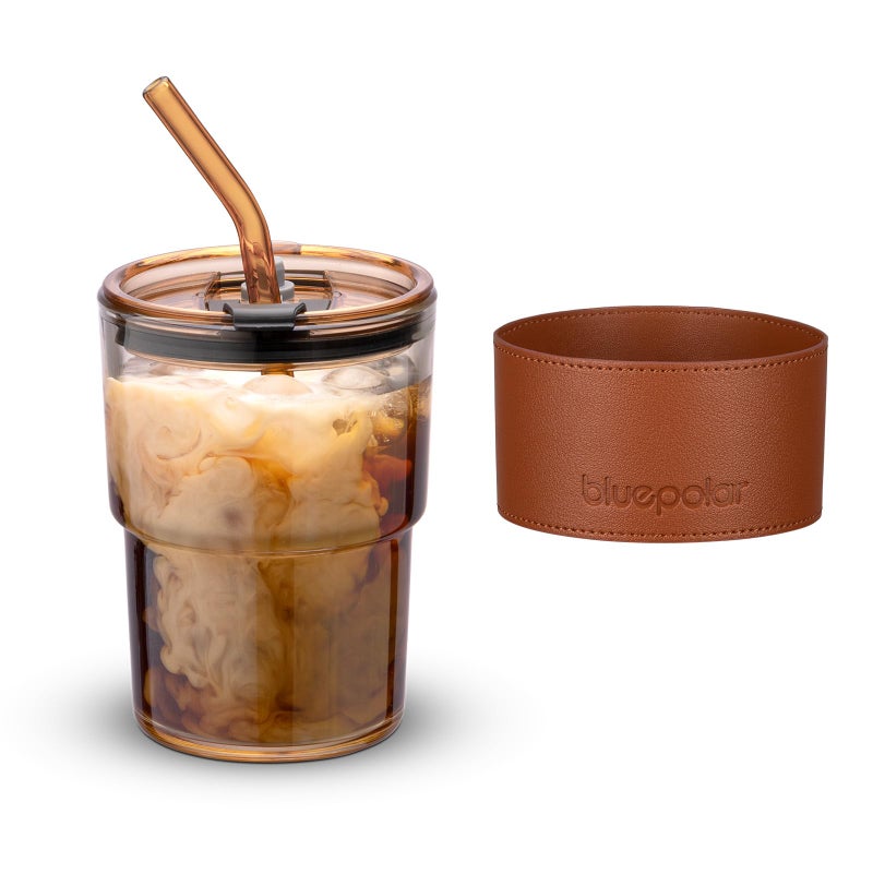 BLUEPOLAR 13oz/400ml Tumbler Water Glass, Cups with Straw and Lid Sealed Carry on for Coffee, Iced Tea, Thick Wall Insulated Glass Cup (Amberwith Protect Sleeve) - Image 1