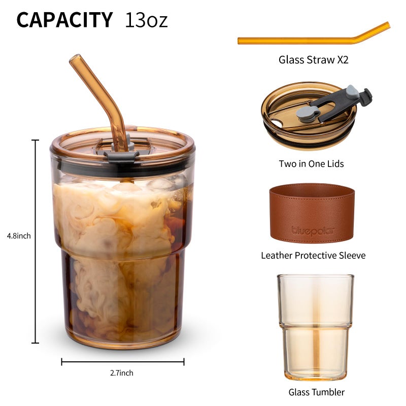 BLUEPOLAR 13oz/400ml Tumbler Water Glass, Cups with Straw and Lid Sealed Carry on for Coffee, Iced Tea, Thick Wall Insulated Glass Cup (Amberwith Protect Sleeve) - Image 2