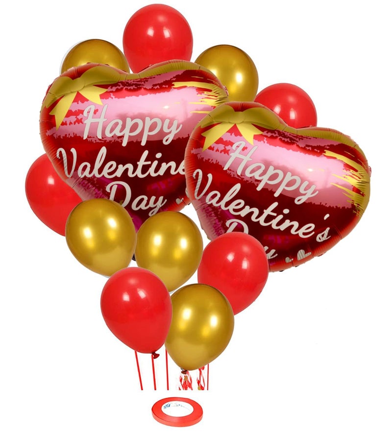 AMFIN (Pack of 13) Happy Valentine Day Heart Shape Foil Balloon Bouquet with Red & Gold Balloons Decoration Items - Image 1