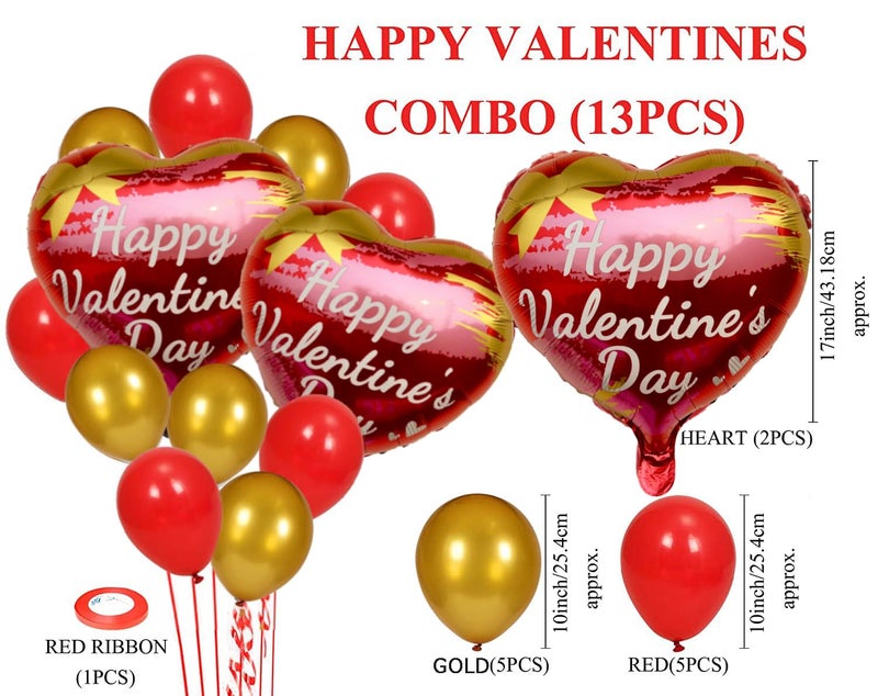 AMFIN (Pack of 13) Happy Valentine Day Heart Shape Foil Balloon Bouquet with Red & Gold Balloons Decoration Items - Image 3