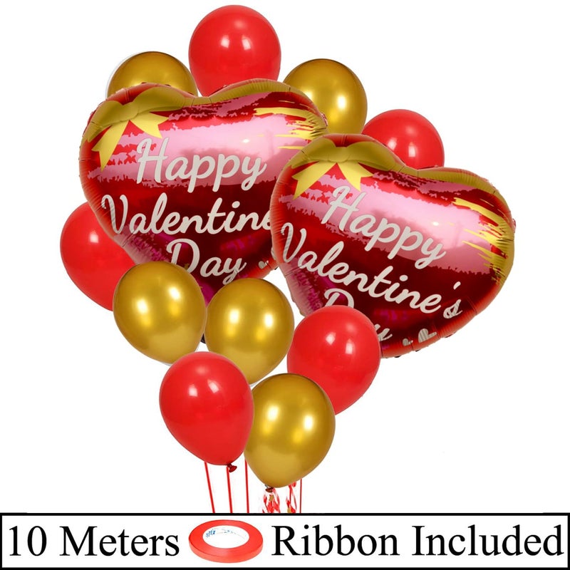 AMFIN (Pack of 13) Happy Valentine Day Heart Shape Foil Balloon Bouquet with Red & Gold Balloons Decoration Items - Image 2