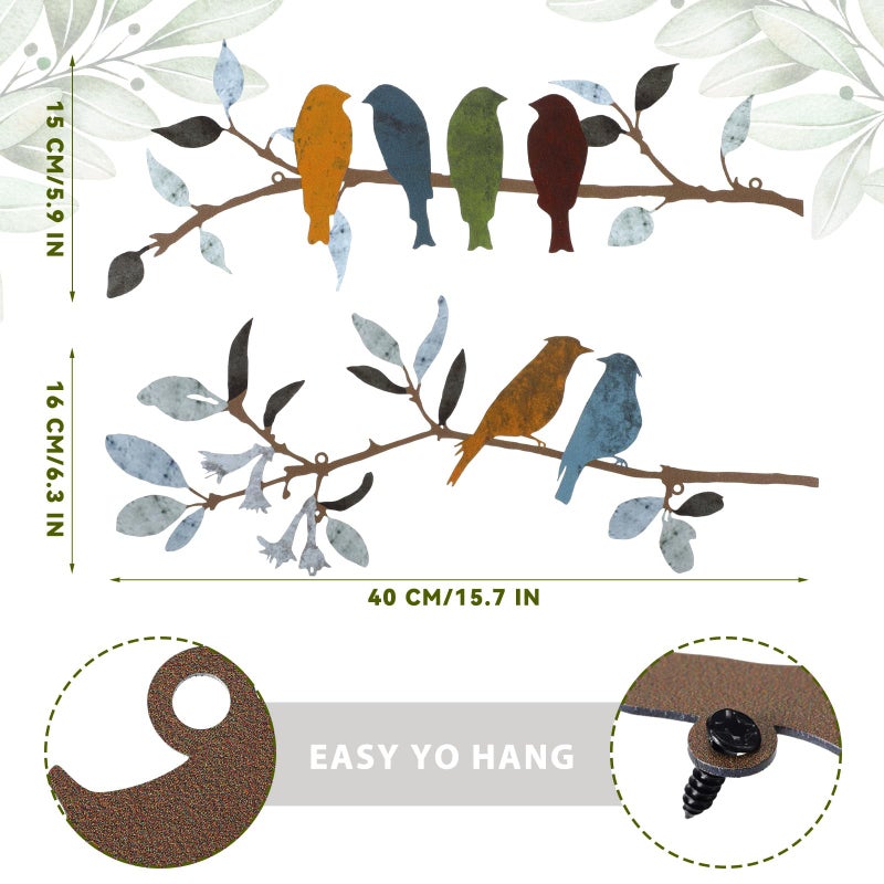 Demissle 2 Pcs Metal Birds Wall Art Decor Vivid Birds on Branch with Leaves Rustic Wall Decor Waterproof Metal Sculpture Hanging Sign for Home Balcony Garden Indoor Outdoor(Stylish Colors) - Image 2