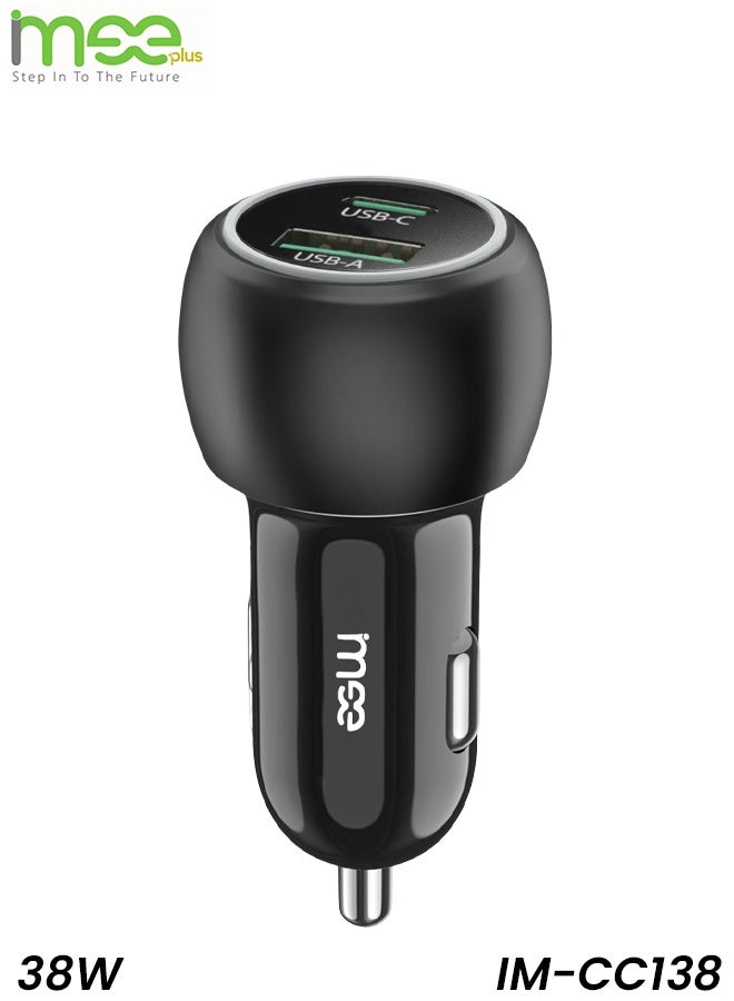 شاحن سيارة Meeplus IM-CC138 ثنائي المنافذ بقوة 38 وات، شحن سريع، محول USB-C PD بقوة 20 وات وUSB-A QC 3.0 بقوة 18 وات، متوافق عالميًا مع ميزات أمان محسنة، تصميم صغير لأجهزة iPhone وAndroid - Image 1
