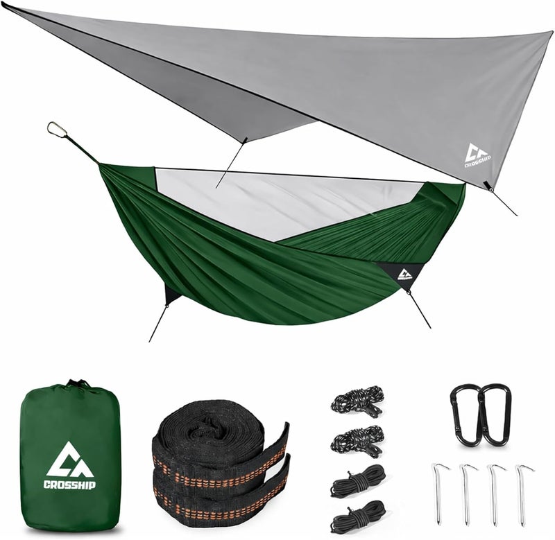 CROSSHIP Camping Hammock with Mosquito Net and RainFly Tarp - 2 Person Hammock, Portable Parachute Nylon Hammock for Outdoor, Hiking, Backpacking, Backyard, Travel (Up to 500lbs) - Forest Green - Image 1