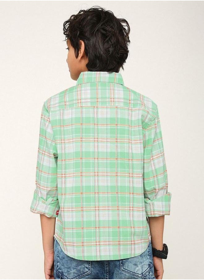 Bonkids - Boy's shirts in regular fit green colour cotton fabric embellished pattern pull over closure woven weave type round collar type round neckline half sleeve length button down upper body wear type suitable for casual occasions – redefine everyday elegance your way! - Image 1