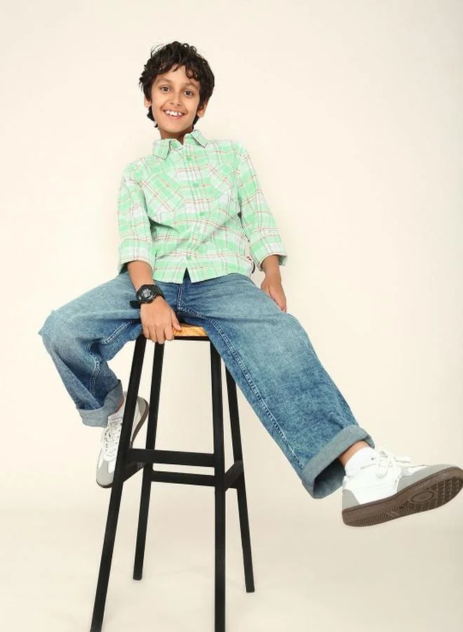 Bonkids Boy's shirts in regular fit green colour cotton fabric embellished pattern pull over closure woven weave type round collar type round neckline half sleeve length button down upper body wear type suitable for casual occasions – redefine everyday elegance your way!