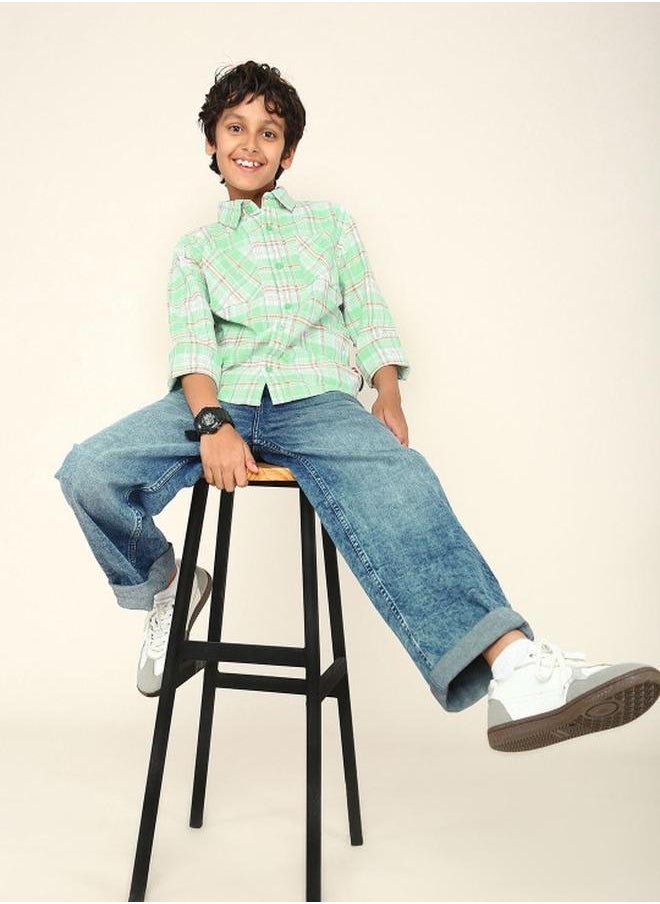 Bonkids - Boy's shirts in regular fit green colour cotton fabric embellished pattern pull over closure woven weave type round collar type round neckline half sleeve length button down upper body wear type suitable for casual occasions – redefine everyday elegance your way! - Image 1