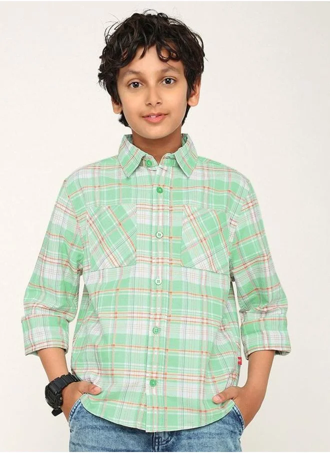 بونكيدز Boy's shirts in regular fit green colour cotton fabric embellished pattern pull over closure woven weave type round collar type round neckline half sleeve length button down upper body wear type suitable for casual occasions – redefine everyday elegance your way!
