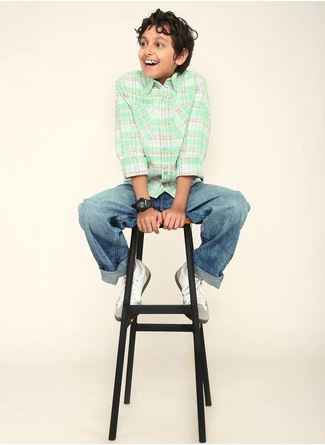 بونكيدز Boy's shirts in regular fit green colour cotton fabric embellished pattern pull over closure woven weave type round collar type round neckline half sleeve length button down upper body wear type suitable for casual occasions – redefine everyday elegance your way!