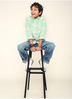 Boy's shirts in regular fit green colour cotton fabric embellished pattern pull over closure woven weave type round collar type round neckline half sleeve length button down upper body wear type suitable for casual occasions – redefine everyday elegance your way!