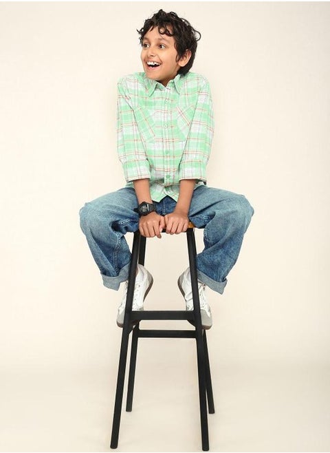 Boy's shirts in regular fit green colour cotton fabric embellished pattern pull over closure woven weave type round collar type round neckline half sleeve length button down upper body wear type suitable for casual occasions – redefine everyday elegance your way!
