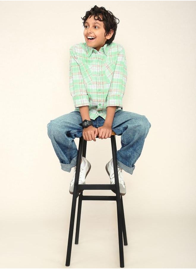 Bonkids - Boy's shirts in regular fit green colour cotton fabric embellished pattern pull over closure woven weave type round collar type round neckline half sleeve length button down upper body wear type suitable for casual occasions – redefine everyday elegance your way! - Image 1