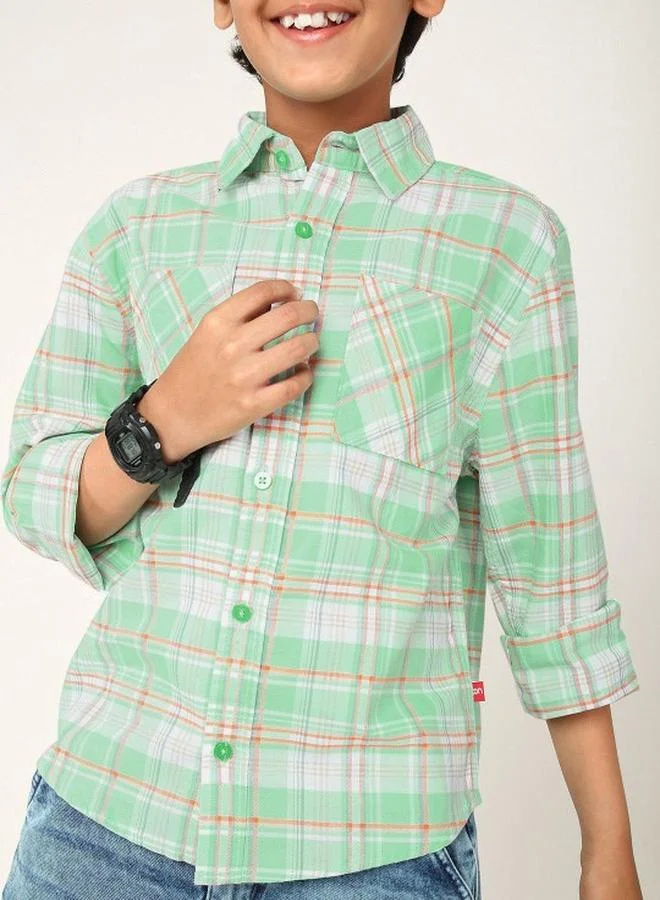 Bonkids Boy's shirts in regular fit green colour cotton fabric embellished pattern pull over closure woven weave type round collar type round neckline half sleeve length button down upper body wear type suitable for casual occasions – redefine everyday elegance your way!