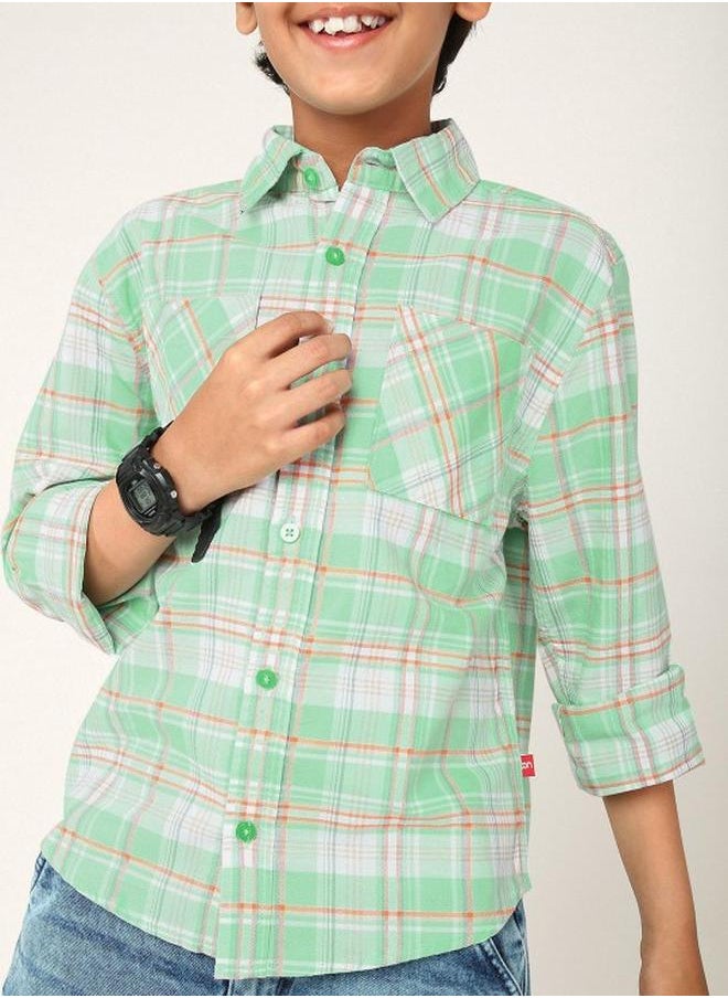Bonkids - Boy's shirts in regular fit green colour cotton fabric embellished pattern pull over closure woven weave type round collar type round neckline half sleeve length button down upper body wear type suitable for casual occasions – redefine everyday elegance your way! - Image 1