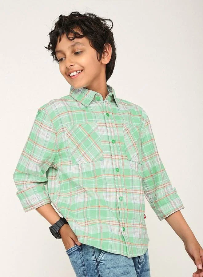 Bonkids Boy's shirts in regular fit green colour cotton fabric embellished pattern pull over closure woven weave type round collar type round neckline half sleeve length button down upper body wear type suitable for casual occasions – redefine everyday elegance your way!