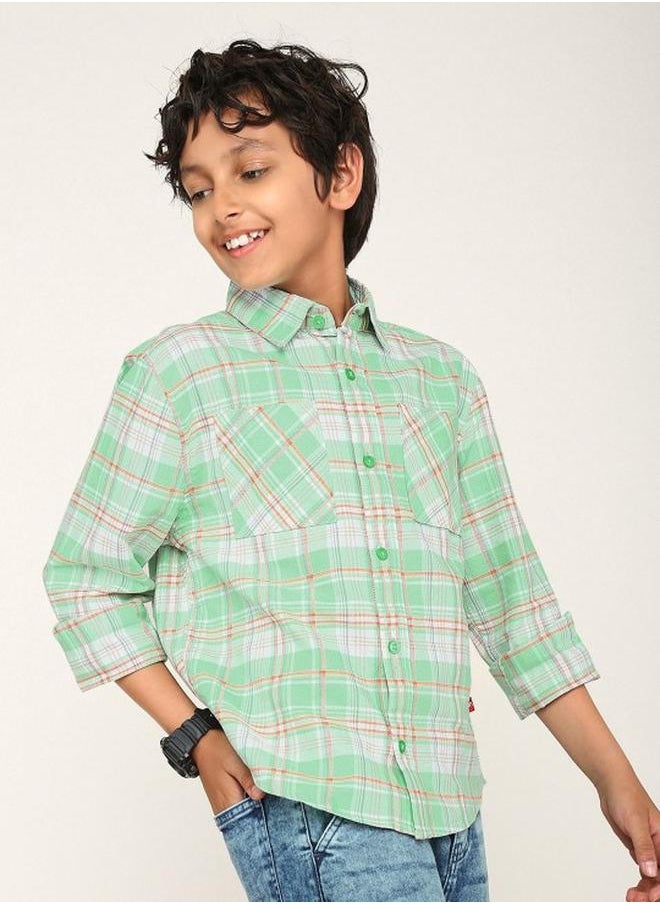 Bonkids - Boy's shirts in regular fit green colour cotton fabric embellished pattern pull over closure woven weave type round collar type round neckline half sleeve length button down upper body wear type suitable for casual occasions – redefine everyday elegance your way! - Image 1