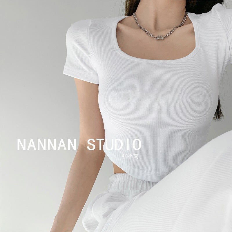 American Vintage Embroidered Letter Slimming Base Layer Top Square Collar Cropped Short Sleeve T-shirt High-waisted Top 845-Blue  - Image 3